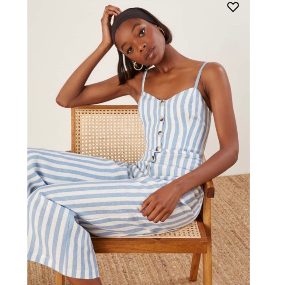 Reformation Blue and White Striped Linen Jumpsuit - Picture 2 of 10